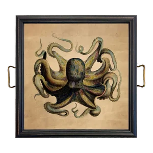 Watercolor Octopus Decorative Tray With Brass Handles - Large