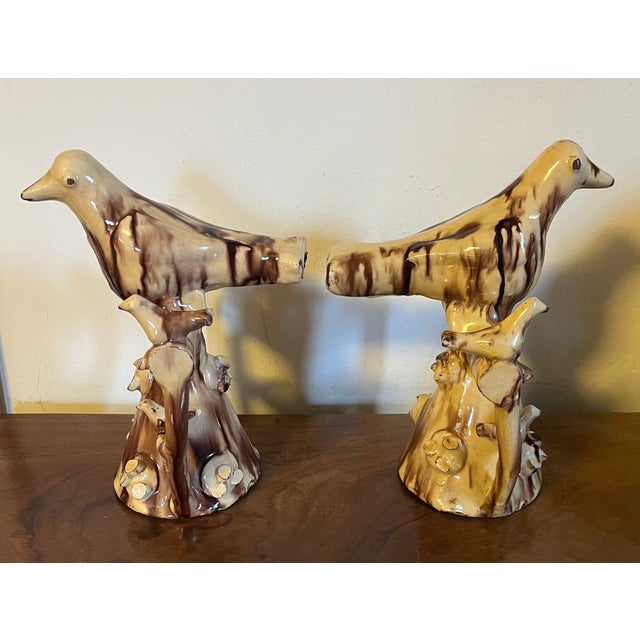 Early 19th Century 19th Century English Folk Art Staffordshire Redware Slip Decorated Treacle Glaze Bird Dovecote Whistles, Circa 1820 - A Pair For Sale - Image 5 of 11