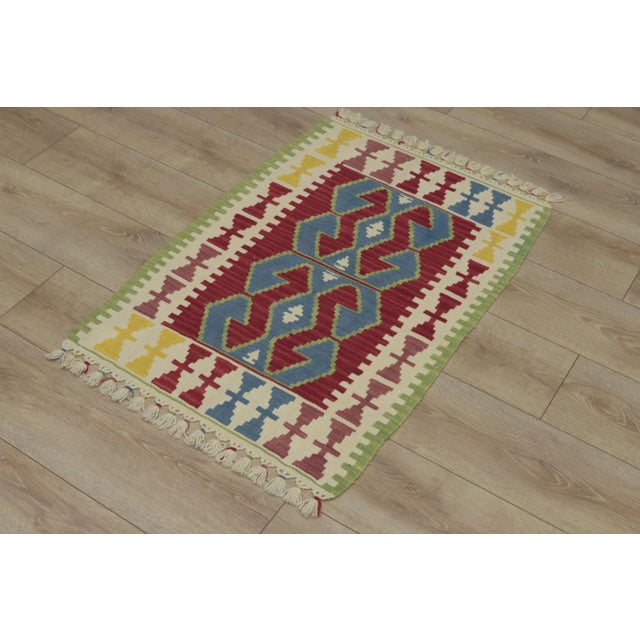 1960s Turkish Geometric Red and Blue Hand Knotted Kilim Rug For Sale - Image 11 of 13