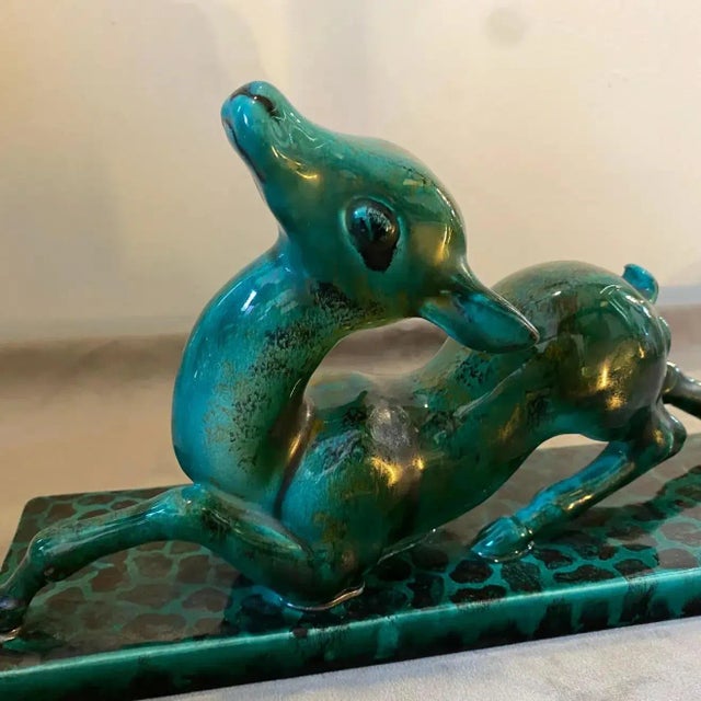 Ceramic 1930s Egisto Fantechi Art Deco Green Ceramic Italian Sculpture of a Fawn For Sale - Image 7 of 12
