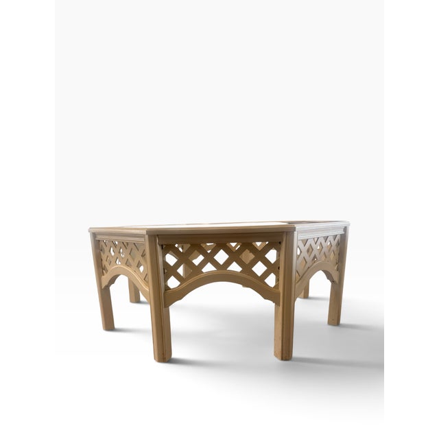 Broyhill Vintage Broyhill Natural Wood Octagonal Lattice Glass Top Regency Coffee Table For Sale - Image 4 of 10