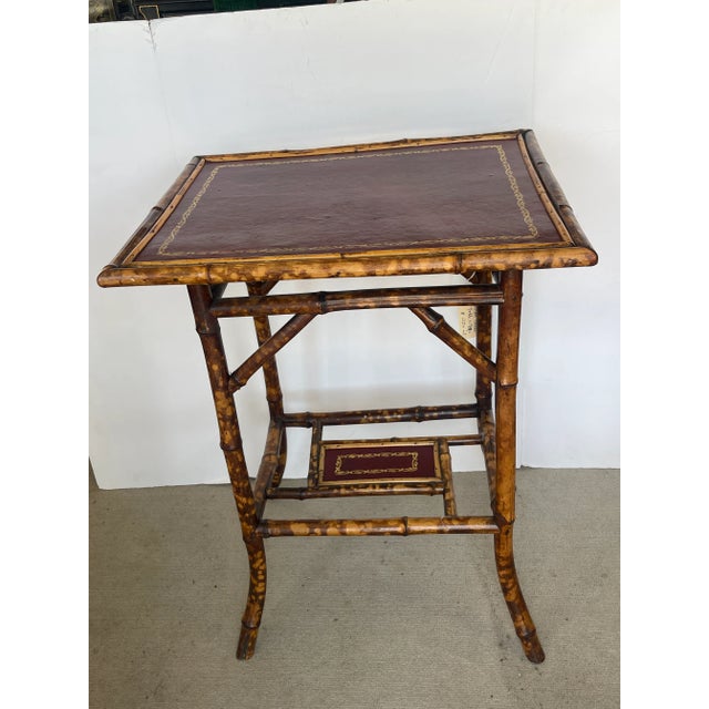 19Th. C. Tortoiseshell Bamboo Table With Red Tooled Leather Top For Sale In West Palm - Image 6 of 11