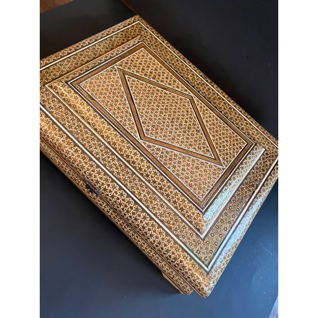 Sculpture Materials 1980s Vintage Moorish Micro Mosaic Inlay Large Wooden Coffee Table Box For Sale - Image 7 of 12