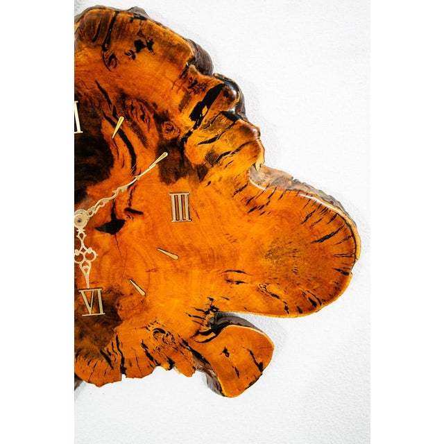 Mid Century Modern Clock Wood Burl Wall Brass Gold Danish Vintage MCM For Sale - Image 4 of 12