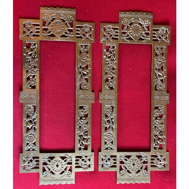 19th Century Antique 19th Century Aesthetic Movement Brass Architectural Grills or Picture Frames for Mirrors Dated 1883 - A Pair For Sale - Image 5 of 14