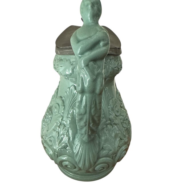 Ridgway Porcelain Mid 19th Century Rare Seafoam Glaze Ridgway Relief-Molded Pitcher With Pewter Lid — Bacchus Motif — 8” For Sale - Image 4 of 8
