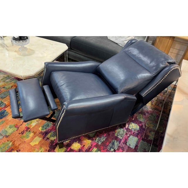 Wood Hancock & Moore Navy Blue Leather Recliners, a Pair For Sale - Image 7 of 9