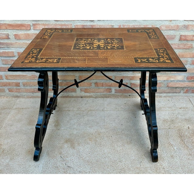Spanish Baroque Side Table with Lyre Legs and Marquetry Top, 1850 For Sale - Image 6 of 15