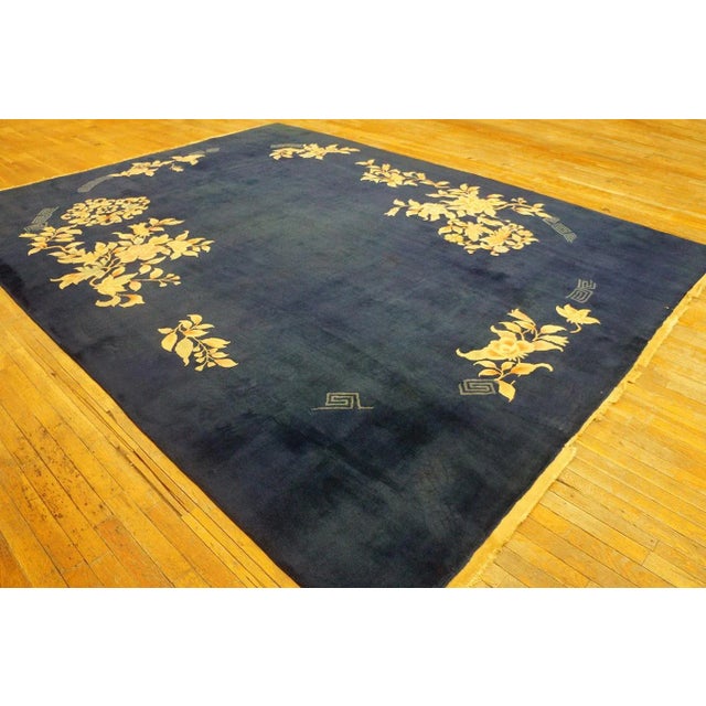 1930s Chinese Art Deco Carpet ( 8'10" x 11'8" - 270 x 358 ) Antique Art Deco Chinese Floral Blue Navy 1930s Rug, Circa...