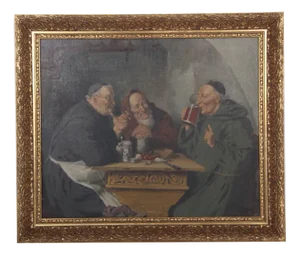 Simony Jensen, Monks Drinking Beer, 19th Century, Oil on Canvas, Framed
