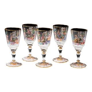 Set of 5 Antique Lobmeyr Enameled Hand Painted & Gilded Glass Oval Wine Stems For Sale
