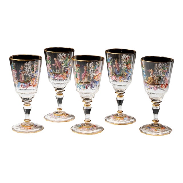 Set of 5 Antique Lobmeyr Enameled Hand Painted & Gilded Glass Oval Wine Stems For Sale