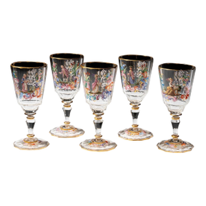 Set of 5 Antique Lobmeyr Enameled Hand Painted & Gilded Glass Oval Wine Stems