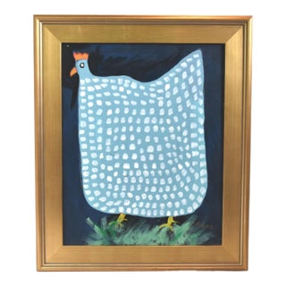 Blue & White Speckled Folk Art Chicken Hen Painting by Ruth Arenz Including the Antiqued Gold Wood Frame For Sale