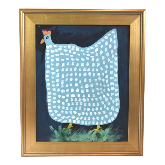 Blue & White Speckled Folk Art Chicken Hen Painting by Ruth Arenz Including the Antiqued Gold Wood Frame For Sale