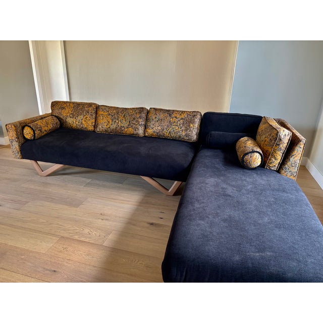 1960's MCM 2-Piece Sectional Sofa Reupholstered in a Luxuriously Soft Black Chenille and a Burnt Orange/Tan/Brown Paisley Cotton Fabric For Sale - Image 4 of 12