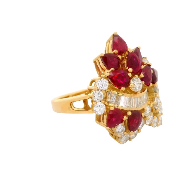 Ruby Diamond 18k Yellow Gold Cluster Cocktail Ring, Size 8 For Sale - Image 4 of 6