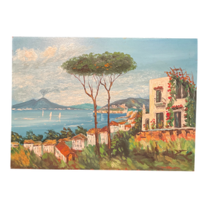 Late 20th Century Naples Gulf, Mount Vesuvius Italy, Original Oil, Italian School, Unsigned, Mid Century Painting