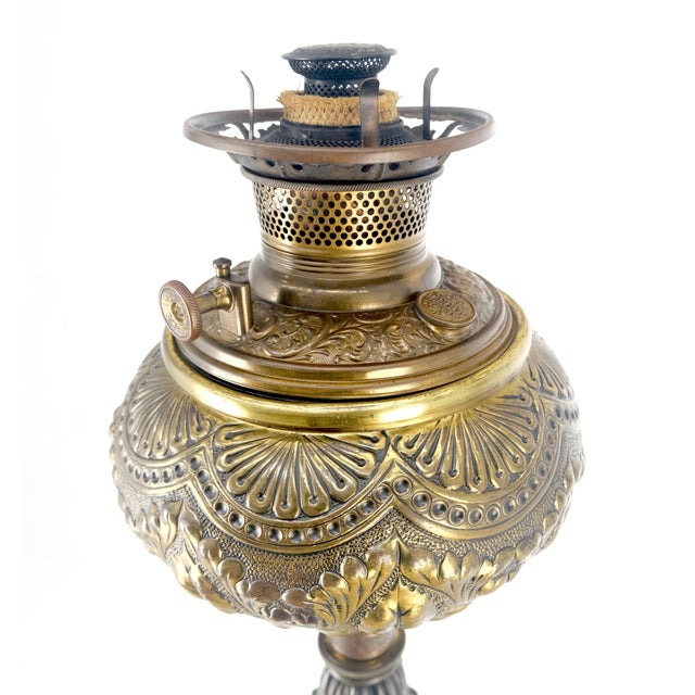19h Century Cast Polished Brass Tripod Base Adjustable Height Oil Flor Lamp MINT For Sale - Image 15 of 17