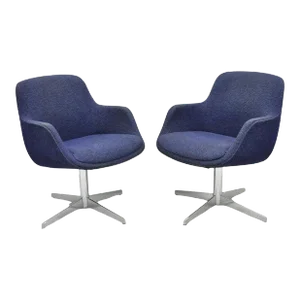 Late 20th Century Vintage Mid Century Modern Blue Upholstered Chrome Swivel Base Club Chair - Pair