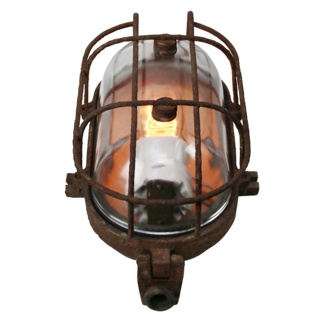 Industrial Vintage Industrial Rust Cast Iron and Clear Glass Wall Lamp from Industria Rotterdam For Sale - Image 3 of 5