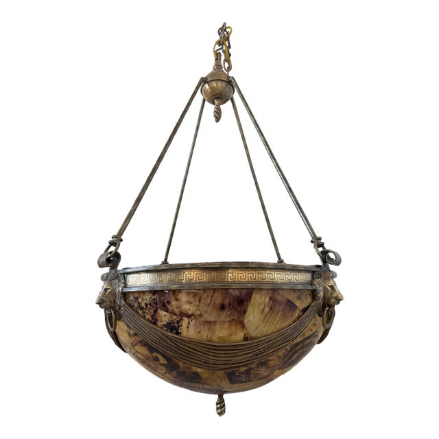 Vintage 1950s Neoclassical Gilded Brass Lion Heads Alabaster Pendant Chandelier For Sale