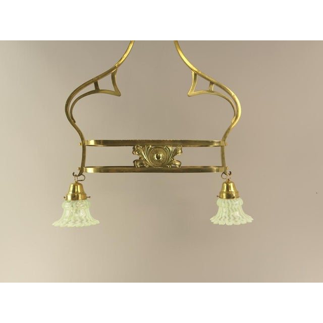 Metal Art Nouveau Brass Chandelier with Vaseline Glass Lampshades, England, 1910s For Sale - Image 7 of 10