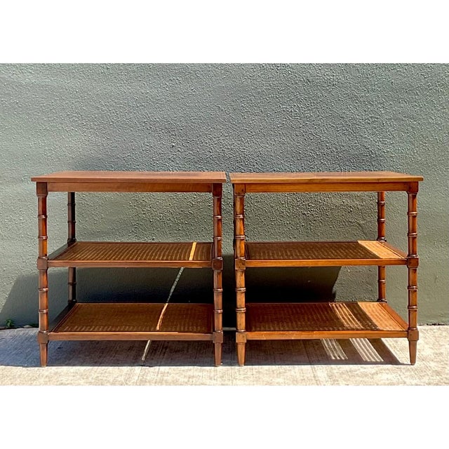 Sienna Vintage Wood and Cane Tiered Side Tables For Sale - Image 8 of 12