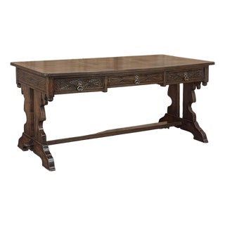 Antique Neo Gothic Carved Oak Trestle Three Drawer Writing Desk For Sale