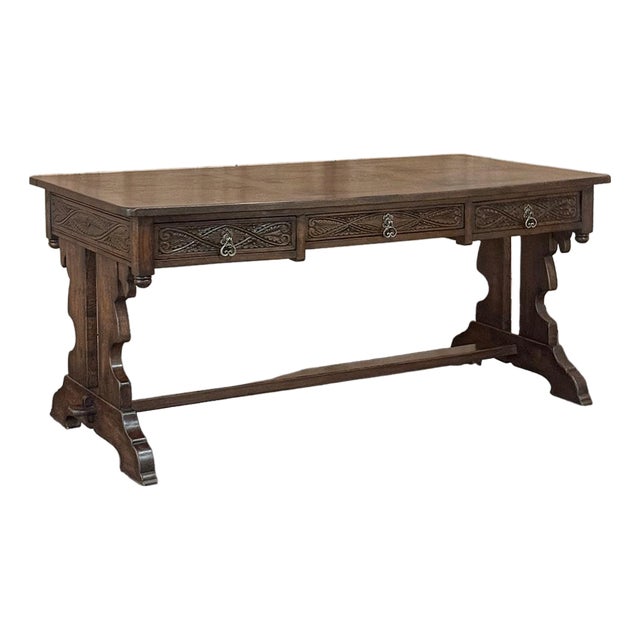 Antique Neo Gothic Carved Oak Trestle Three Drawer Writing Desk For Sale