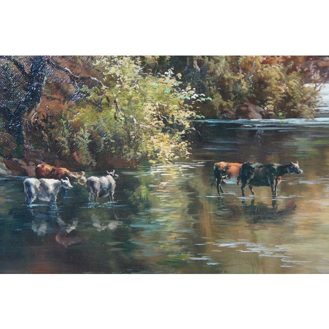 Mid 20th Century Mid 20th Century Vintage Pastoral River Landscape Oil Painting Realism Cattle Grazing Framed For Sale - Image 5 of 11