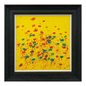 Abstract Red Pink Blue Flowers on Yellow Background by British Artist