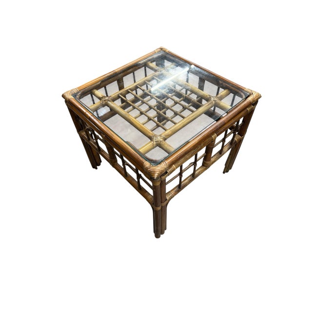 Vintage Coastal Bamboo Glass Top Side Table For Sale - Image 4 of 6