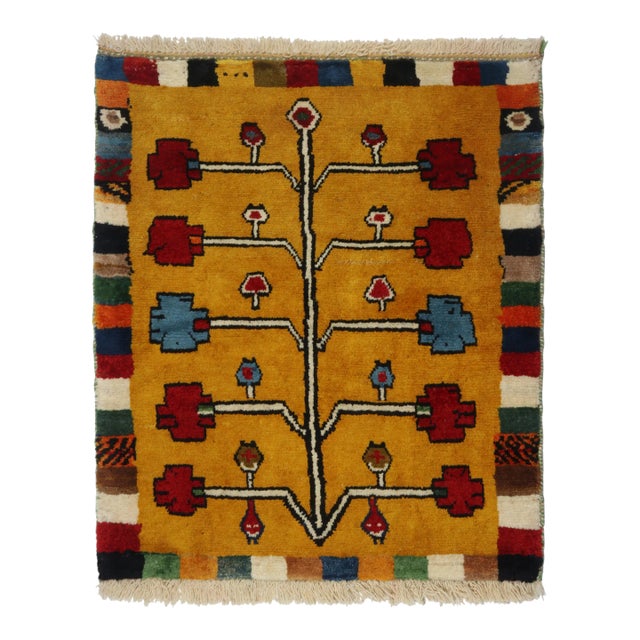 1950s Vintage Gabbeh Tribal Rug in Gold-Orange With Colorful Geometric Pattern For Sale