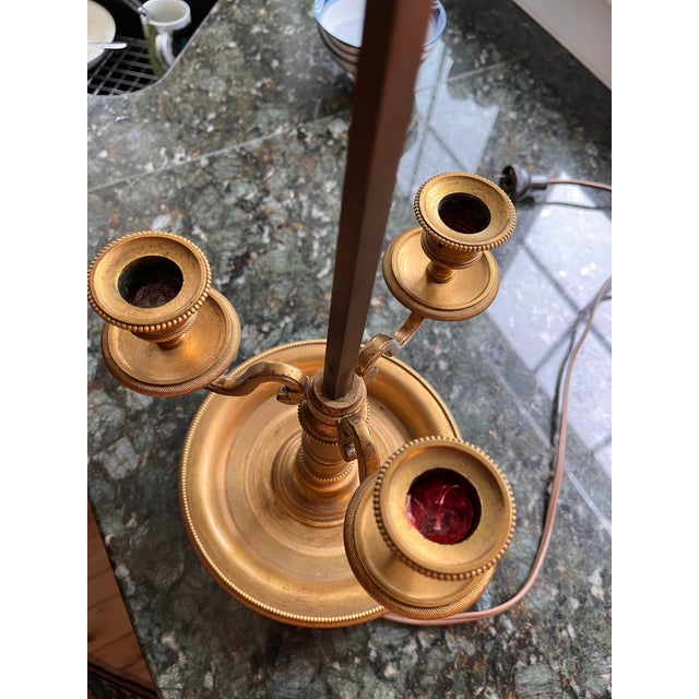 Late 19th Century Maison Millet a Paris Bronze Bouillotte Late 19th Century With Three Candelabra Lamps Forest Green Shades - A Pair For Sale - Image 5 of 11