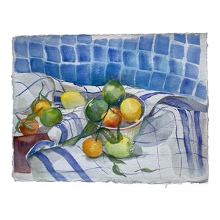 1980’s Original Impressionist Still Life Watercolor Painting Fruits on Blue & White For Sale