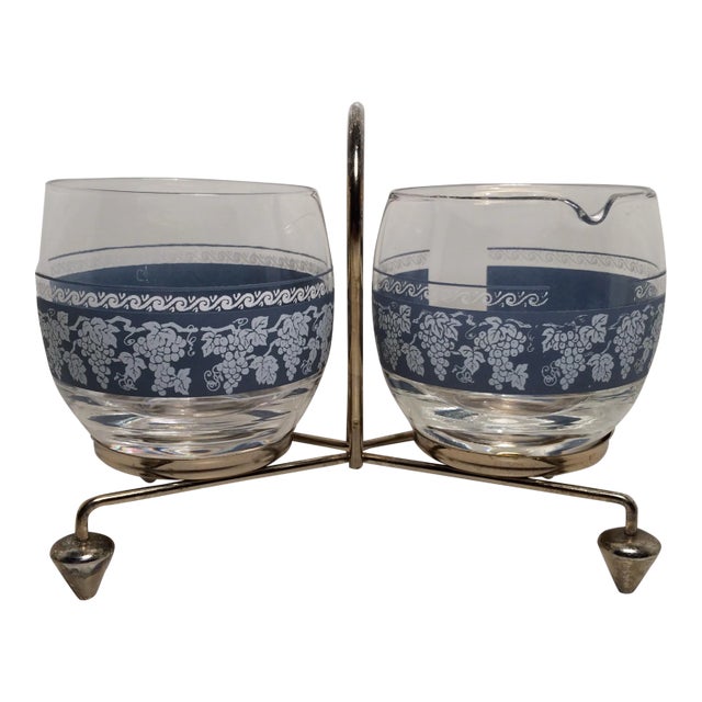 Mid-Century Creamer and Sugar with Grape Design in Caddie For Sale