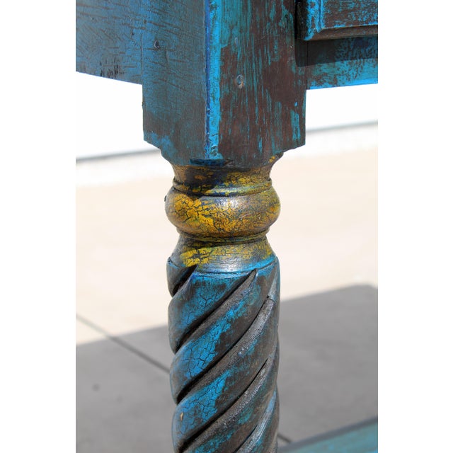 Late 20th Century Spanish Revival Console Table | Hand-Painted Distressed Blue Accent Table | Barley Twist Legs | Two Drawer Sofa Table For Sale - Image 15 of 16