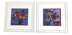 White Beaded Wood Framed Floral Prints - a Pair