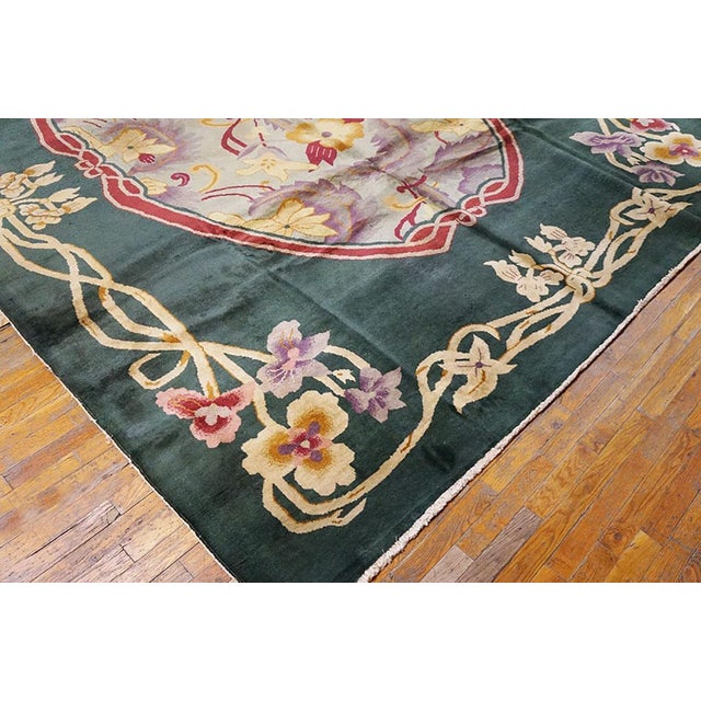 1920s Green Floral Medallion Antique Chinese Art Deco Rug 9' X 11'9" Handknotted Wool Carpet For Sale In New York - Image 6 of 6