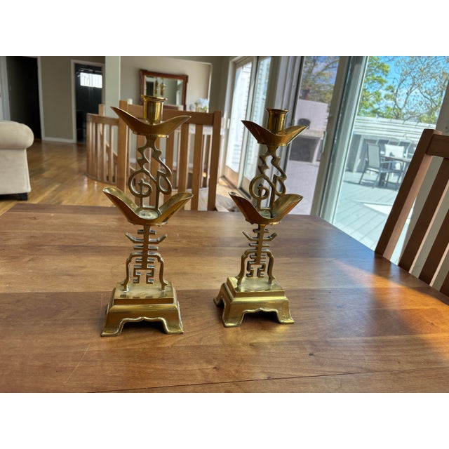 Pair of Vintage Brass Candleholders-Asian For Sale - Image 4 of 8