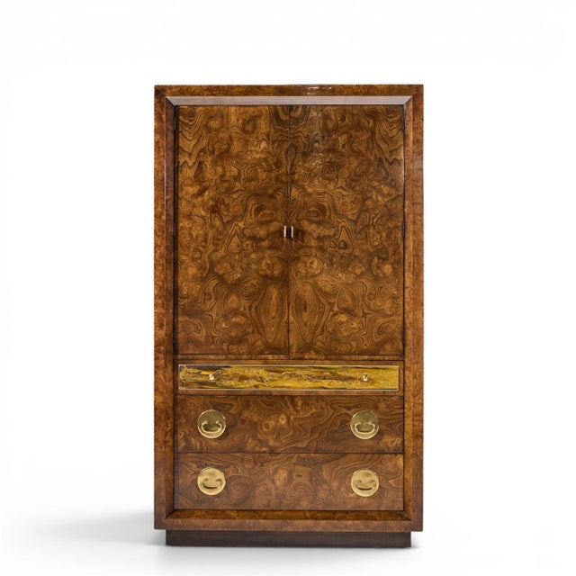 Bernhard Rohne for Mastercraft Mid Century Burlwood and Acid Etched Brass Armoire Dresser This armoire measures: 42 wide x...