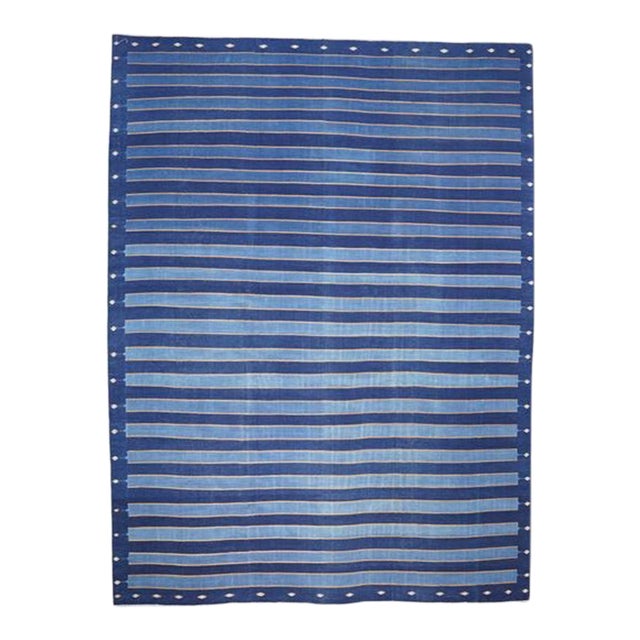 Vintage Dhurrie Rug With Blue Stripes and Gold Accents, From Rug & Kilim For Sale