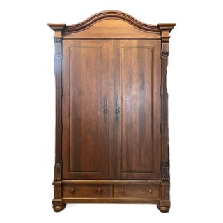 Habersham Solid Wood Armoire With Hand-Carved Crown & Fluted Columns For Sale