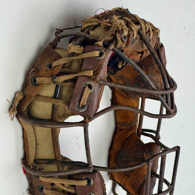 Salvaged Early 20th Century Baseball Catcher's Mask With Metal Cage Guard & Leather Details For Sale - Image 4 of 9