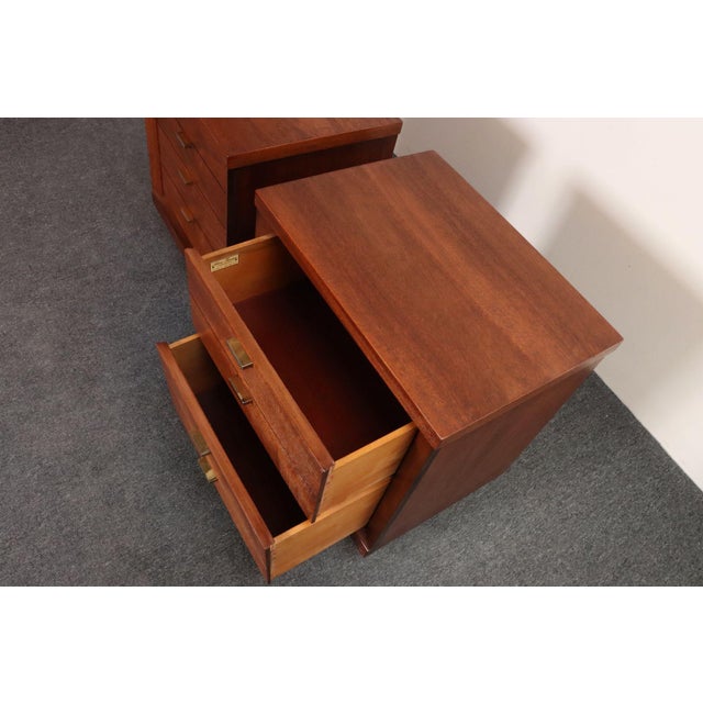 Pair of Mid-Century Modern Stained Mahogany and Brass Two-Drawer Nightstands For Sale - Image 11 of 18