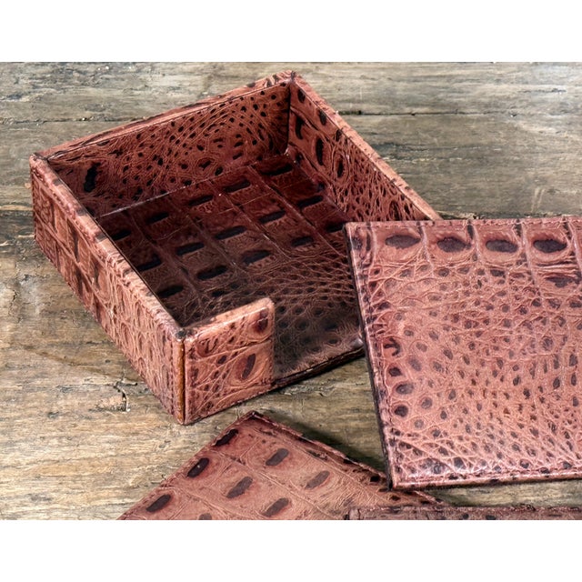 Late 20th Century Restoration Hardware Ostrich Embossed Leather Coaster Set With Holder - Set of 4 For Sale - Image 5 of 6