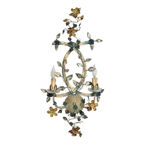 Italian Mechini Handcrafted Wrought Iron Two-Light Wall Lamp With Bohemian Crystals and Murano Glass