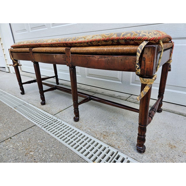 Antiqued Rush Three Seat Bench With Kilim Style Cushion For Sale - Image 6 of 13