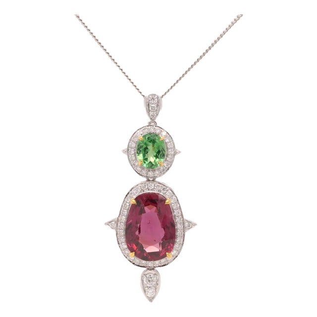 Tsavorite, Diamond and Garnet Platinum Pendant Necklace - Fei Liu For Sale